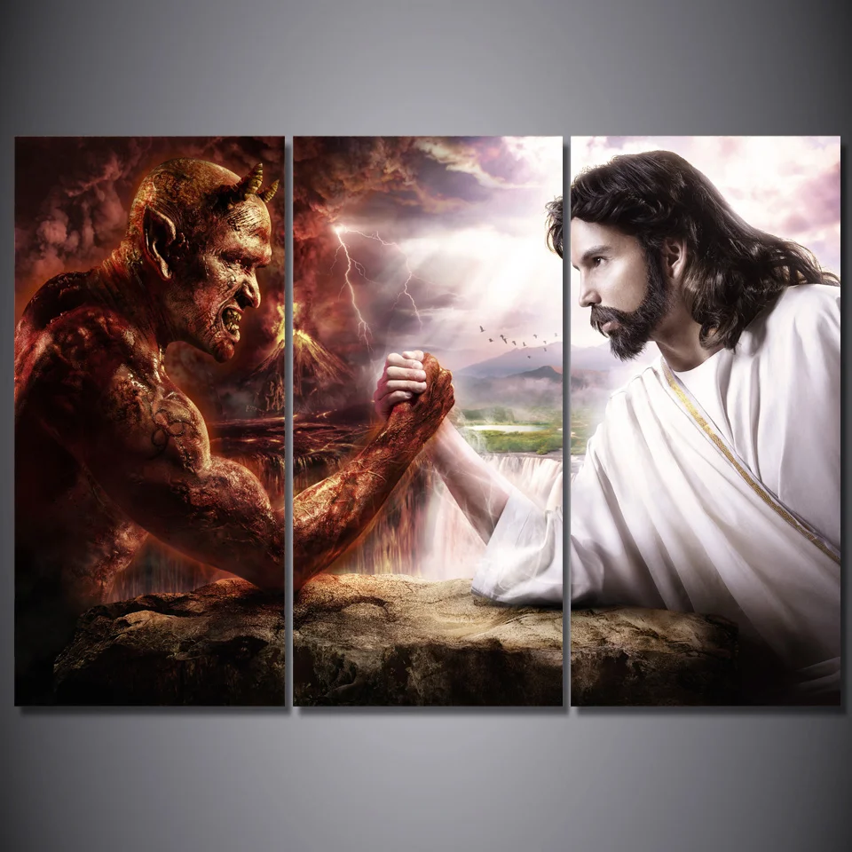 HD Tlačené 3 ks Ježiš Kristus arm wrestling s diablom Maliarstva poslednej večeri wall art plátno doprava Zadarmo/NY-5748