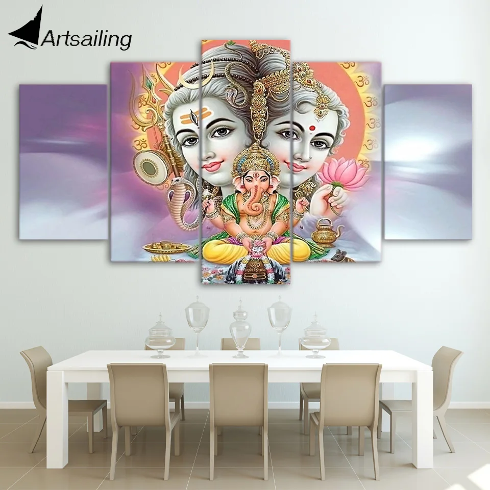 HD Vytlačené 5 Kus Plátna Umenie hinduistický boh plátno Pána šivu, parvati ganesh maľovanie Doprava Zadarmo CU-2329A