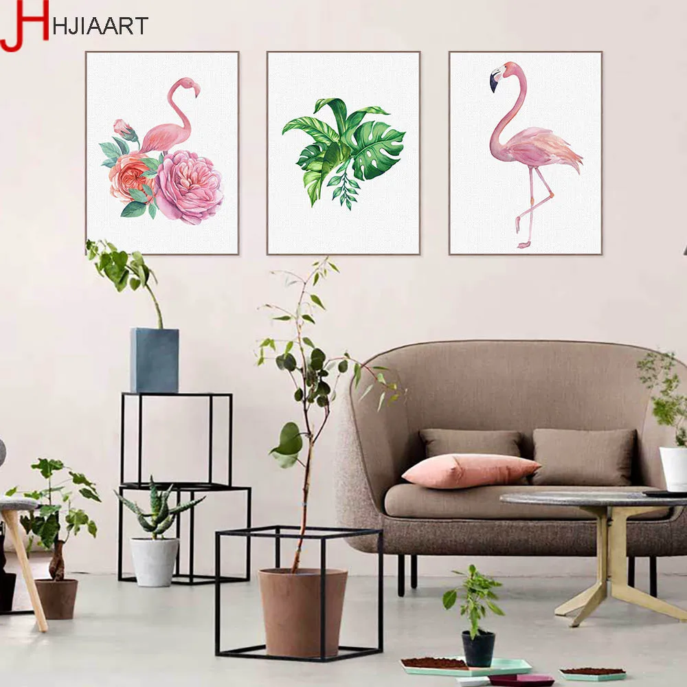 HJIAART Akvarel Zvierat Flamingo Zelenej Listovej Plagát Nordic Steny v Obývacej Izbe Umenia, Tlače Obrázku Domov Deco Plátno na Maľovanie Unframe