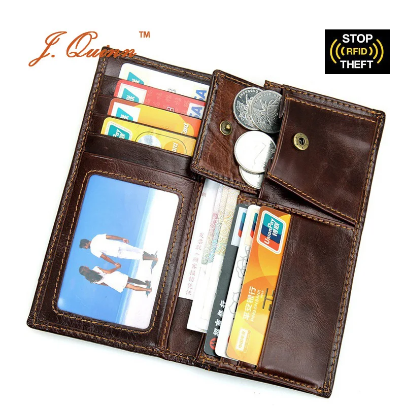 J. Quinn Dlho Mince Kabelku RFID Peňaženky pre Mužov, Ženy Bifold Pravé Hovädzie Kože Vintage Kreditnej Karty Peňaženka so Zipsom Podnikania