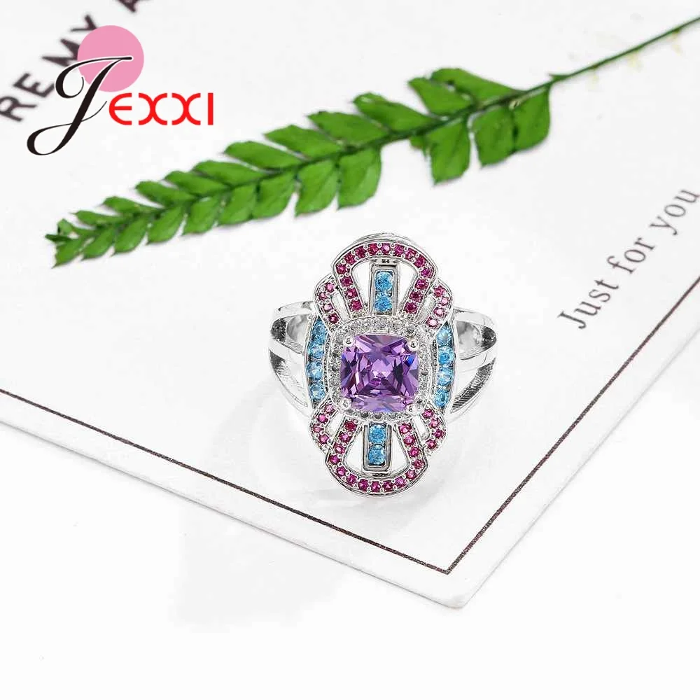 JEXXI Elegantné 925 Sterling Silver CZ Kubický Zirkón Šperky Sladké Farebné Bowknot Crystal Krúžky pre Ženy, Svadobné Party Krúžok