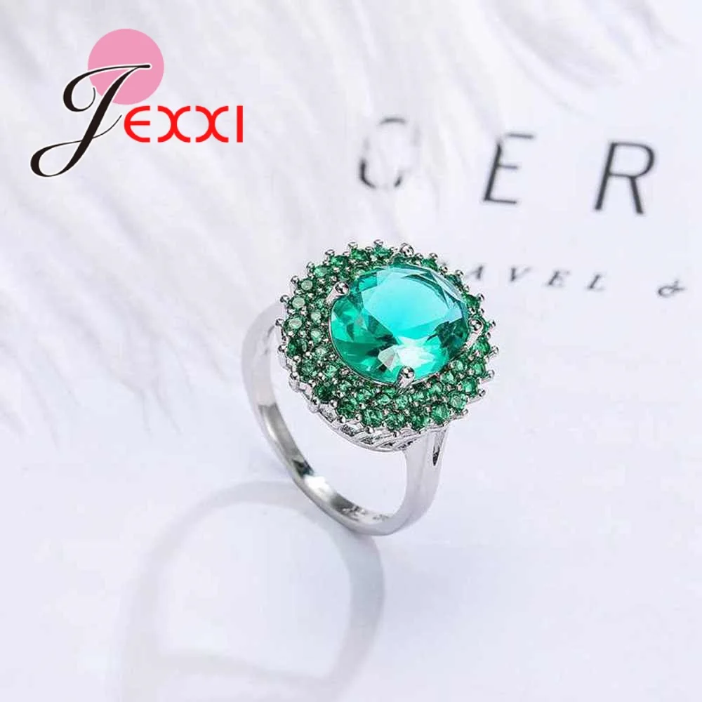 JEXXI Trendy 925 Sterling Silver Krúžky Zelený Ovál CZ Kameň Rez Luxusný Prsteň Vianočný Darček Jemné Šperky Pre Ženy, Svadobné