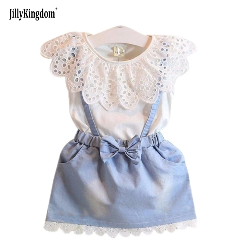 Jilly Kráľovstvo deti, dievčatá oblečenie Dievčatá Šaty 2108 Nové dievčatá roztomilý šaty biely pás džínsové šaty bez rukávov bavlna letné šaty