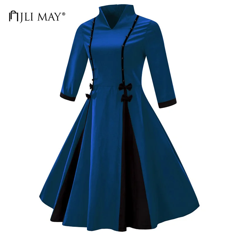 JLI MÔŽE Vintage plus veľkosť šaty žien slim midi patckwork luk tvaru tri štvrtiny rukáv, modrá strana hepburn 50. retro šaty