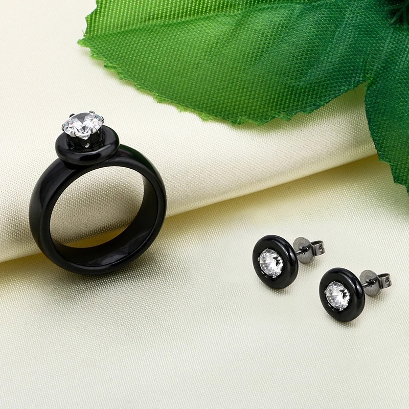 Klasické Šperky Nastaviť Čierne Biele Keramické Stud Náušnice & Krúžky S Veľkým Carat AAA Drahokamu Pre Ženy Okrúhle Zirkóny Náušnice