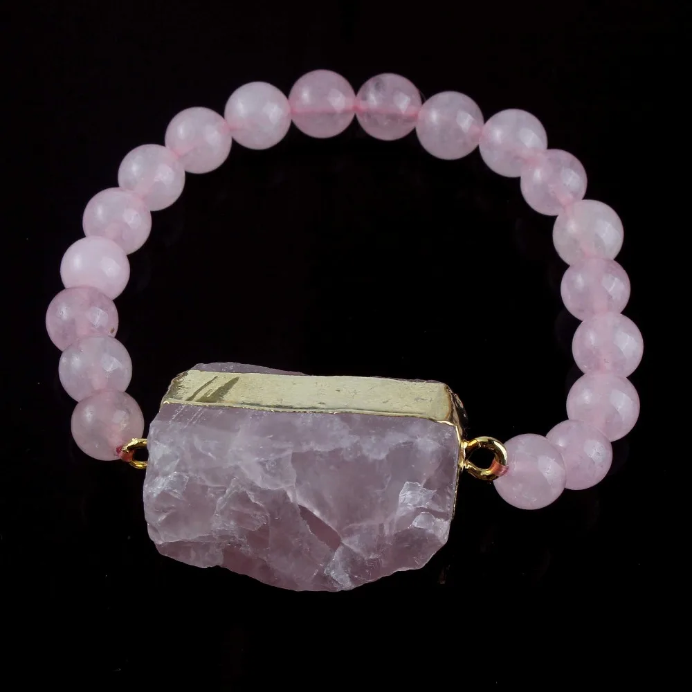 Kraft-perly Svetla Žltá Zlatá Farba Nepravidelného Tvaru Kamennej Pripojiť Okrúhle Korálky Prírodné Rose Ružový Kremeň Náramok