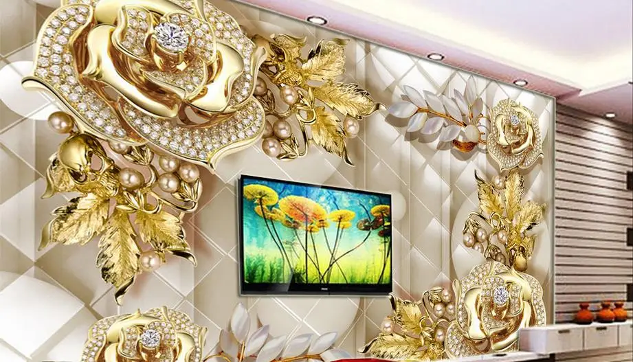 Luxusné obrie stenu, tapety na obývacia izba 3d nástenné maľby Zlaté šperky kvety TV pozadie dekoratívne tapety wallcovering