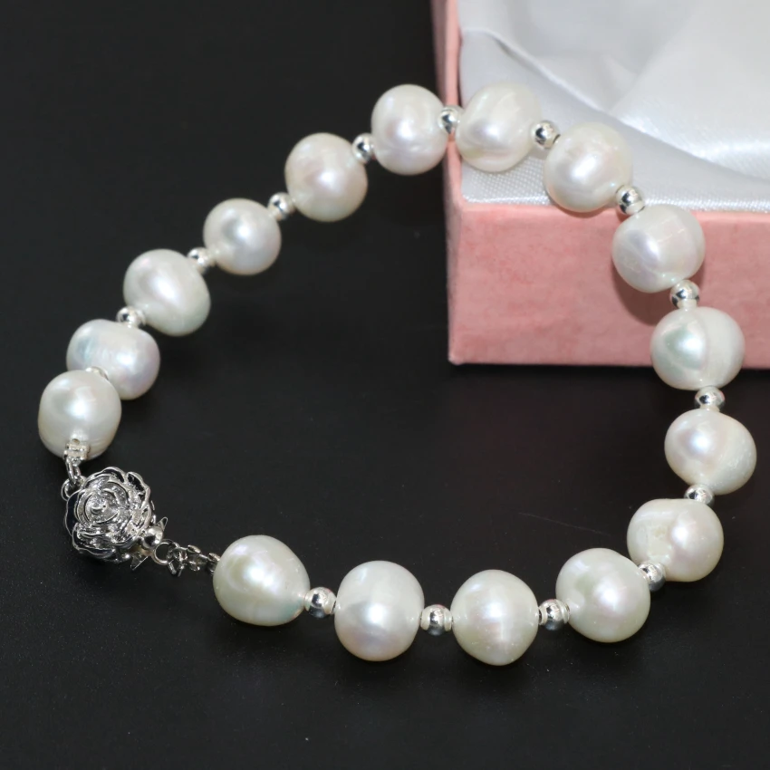 Luxusné spona náramky pre ženy prírodná biela 8-9mm sladkovodných kultivovaných pearl okrúhle korálky šperky 7.5 palcový B2746