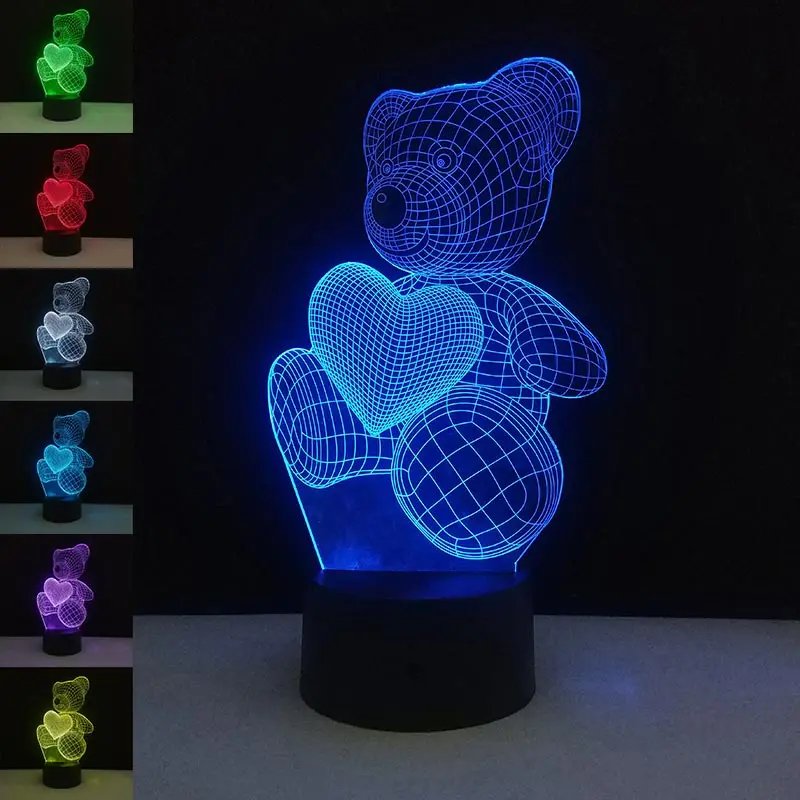 Láska Srdce Teddy Bear 3D Atmosféru Lampa Domáce Dekorácie Nový Rok Party Láskavosti Pre Deti Spálňa LED Dotykový Ilúzie Nočné Svetlo