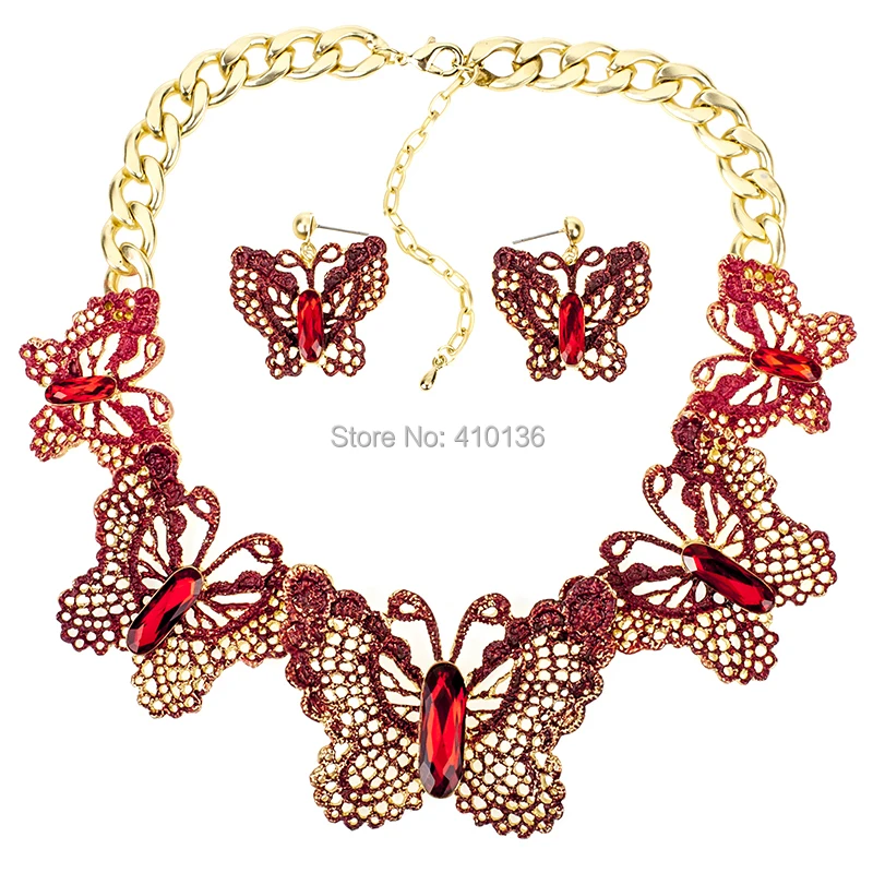 MS18068 Módnej Značky Šperky Sady Motýľ Náhrdelníky Náušnice Nastaviť Červený Náhrdelník Vysoko Kvalitné Svadobné Šperky Strany Dary