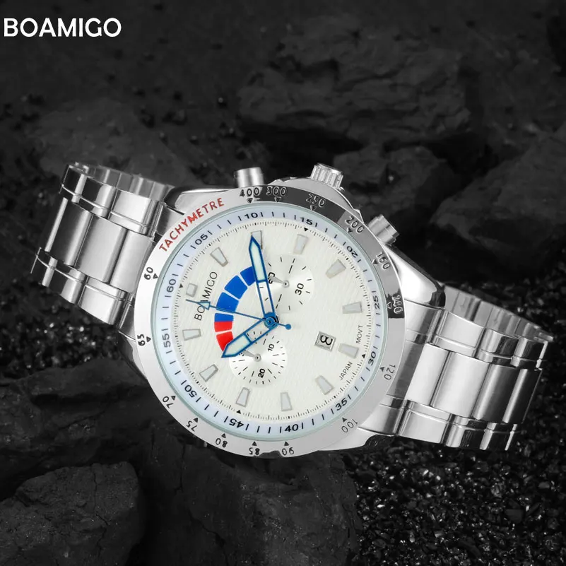 Muži hodinky top módne značky quartz hodinky BOAMIGO bežné ocele auto dátum hodinky 2017 hot darček náramkové hodinky relogio masculino