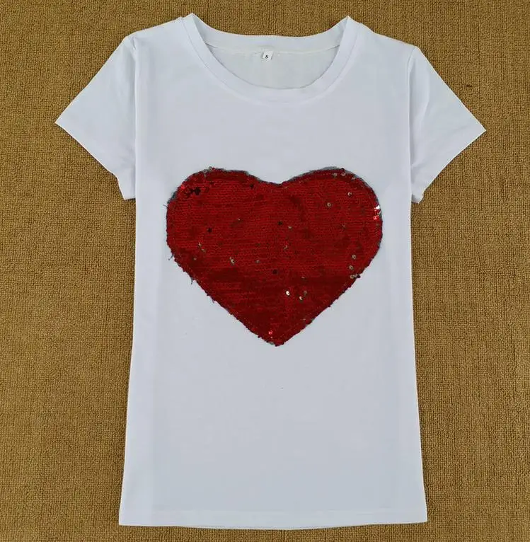 Nové Sequin Srdcia Krátky Rukáv T-Shirt Žena bavlna topy t-shirt camisetas mujer
