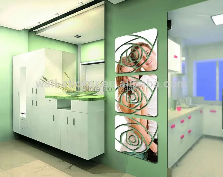 Námestie kvet vystrihnúť rose nástenné zrkadlo nálepka , 3D dekoratívne zrkadlo na stenu-nálepky , DIY zrkadlo nálepky