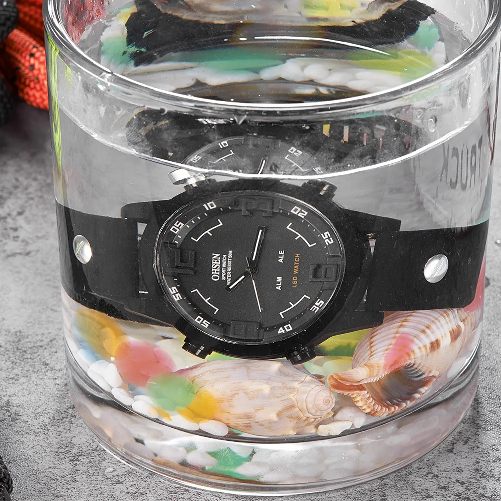 OHSEN Digitálne Pánske Quartz LCD Hodinky Muž Hodiny 50m Plávať Sledovať gumička Módne Bežné Zelené Vojenské Potápanie Muž Náramkové hodinky Darček