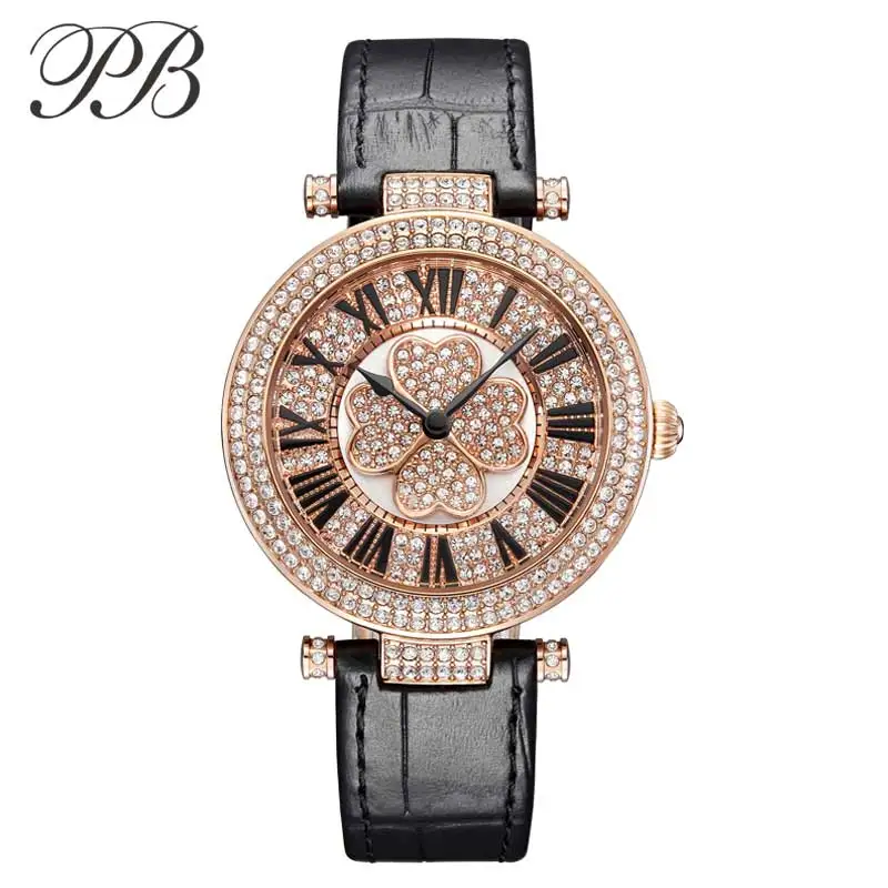 PB Značku Hodiniek Ženy, Luxusné Rakúsko crystal módne Dámske Náramkové hodinky pravej Kože Vody Dôkaz Wamen Sledovať HL606