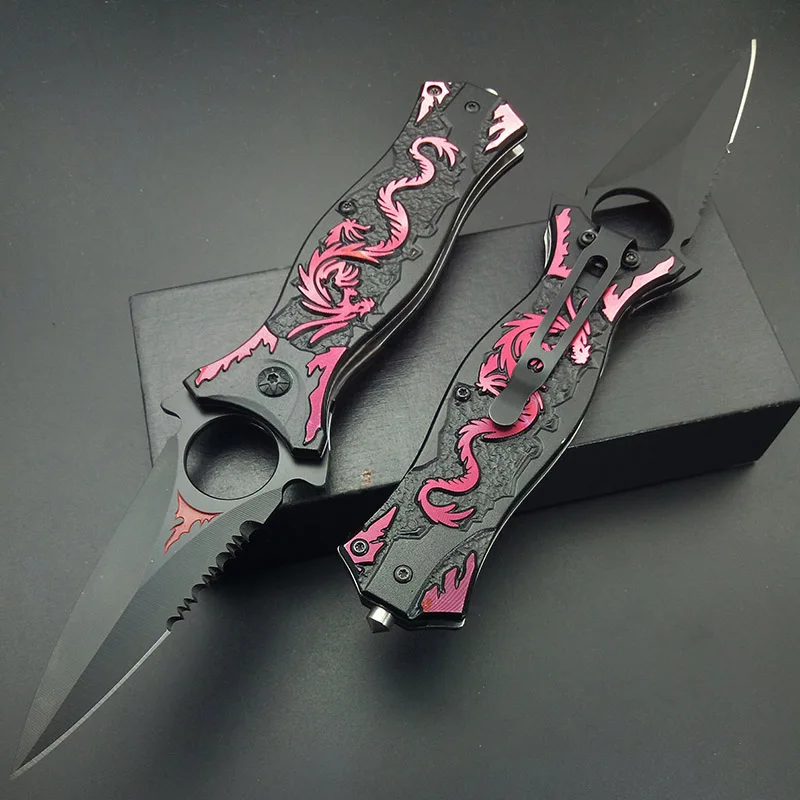 Poľovnícke Táborenie Prežitie Vreckový nôž z Nehrdzavejúcej Ocele Multi Nástroje Turistika Červená Wiredraw Dragon Zrna Nože Násobne Nôž Outdoor Kit