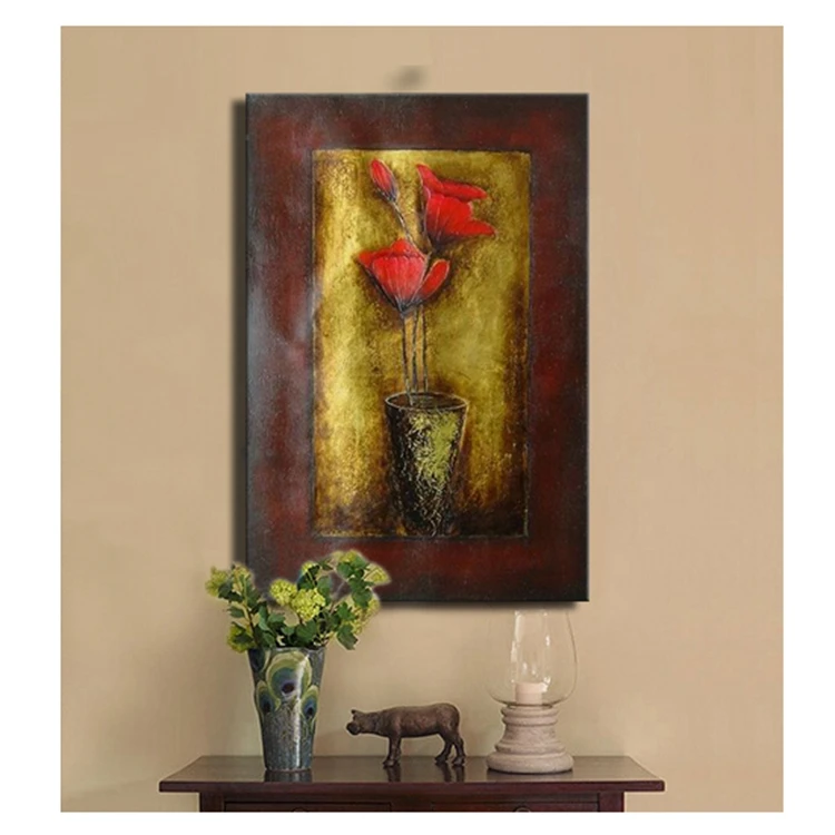 Ručné dekoratívne kvetinové maľovanie červený kvet v zlate a hnedé pozadia na plátno na výzdobu izby domov