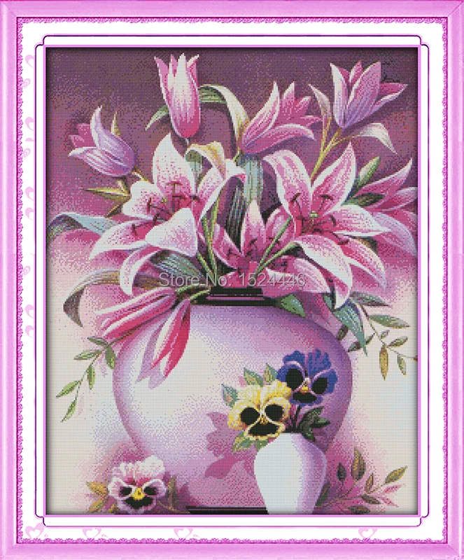 Ružové ľalie kvetinové vázy,Vzor tlač na plátno DMC 11CT 14CT Cross Stitch auta,vyšívanie, Nastavte si všetky pre vyšívanie.Krásne Kvety