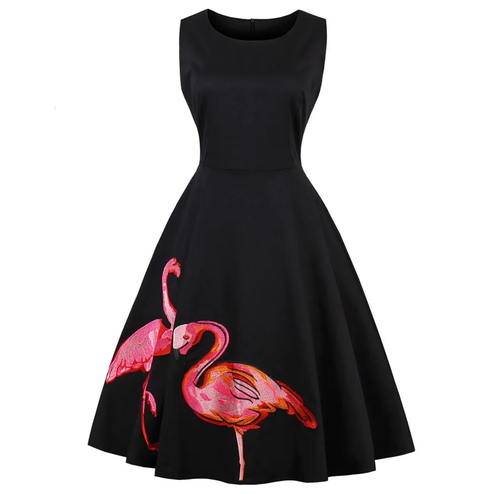 S-4XL Flamingo Tlač Vyšívanie Vintage Šaty Ženy 50. Rockabilly Lete Župan A-Line Party Šaty Feminino Vestidos De Fiesta