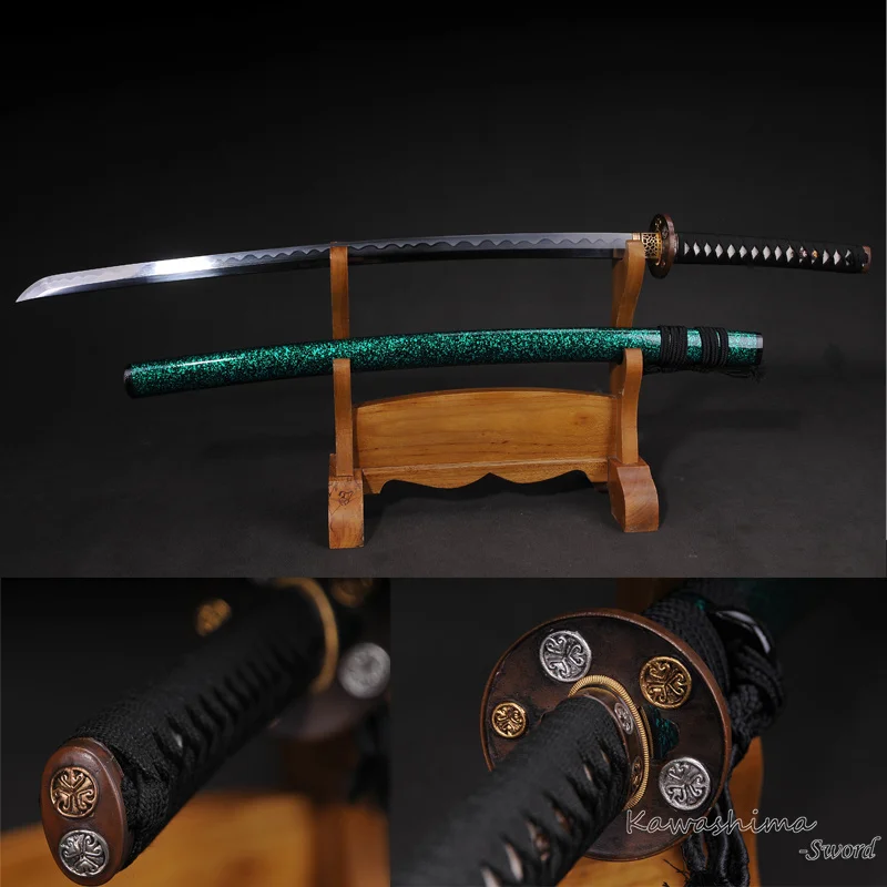 Samuraj Meč Ručné Katana Zložené Ocele Full Tang Lesklý Zelená Saje Dvojité Hamon