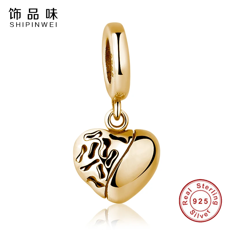 Shipinwei 925 Sterling Silver Korálky Zlatá Farba Srdce Prívesok Charms Fit IPZ Náramok & Náhrdelník Pre Ženy DIY Šperky