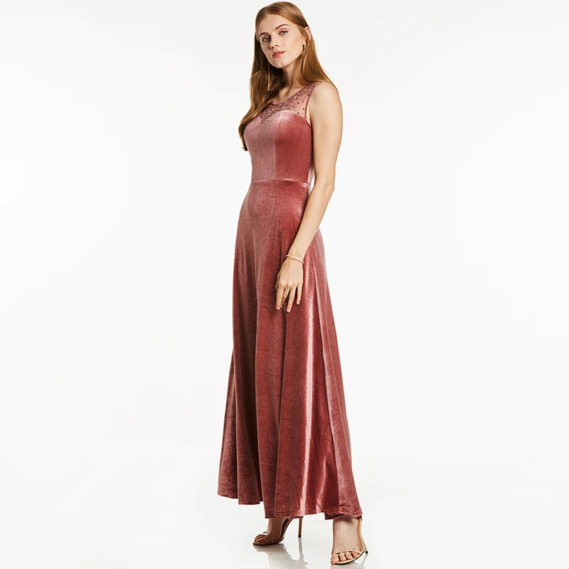 Tanpell korálkové dlhé večerné šaty elegantné burgundsko bez rukávov dĺžka podlahy riadok šaty lacné ženy velúrové formálne večerné šaty