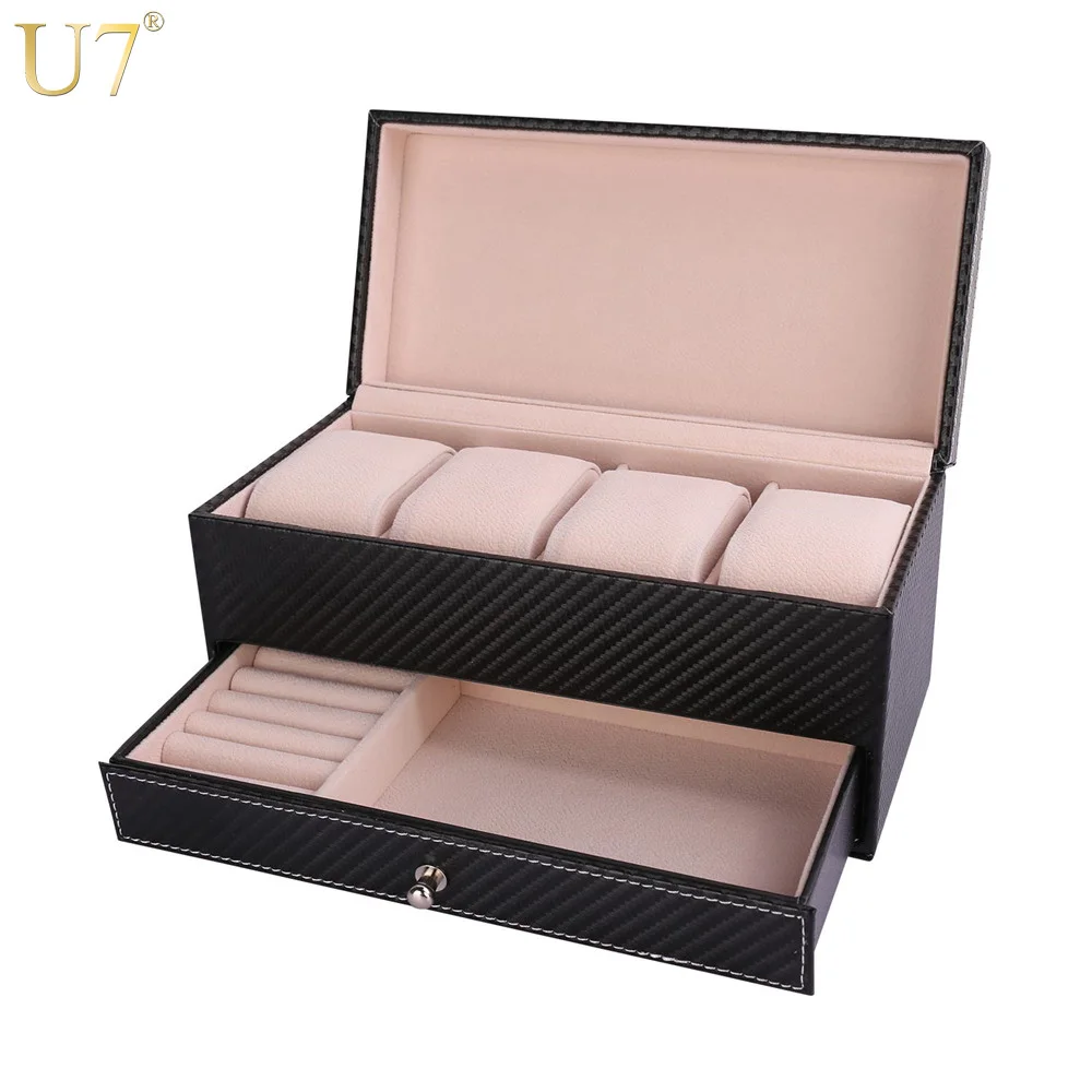 U7 Sledovať Držiak a Šperky Organizátor Box Elegantné Úložné Zásuvky Prípade Čierna Vysoko Kvalitnej PU Kože Darček Pre Mužov/Ženy OB08