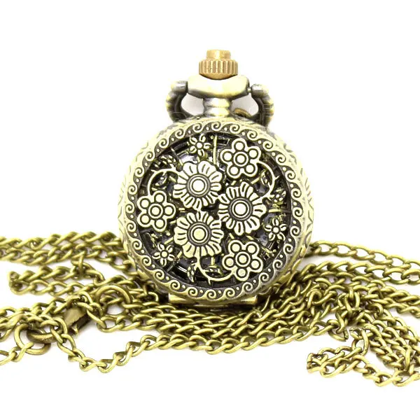 Vintage bronze voňavé sladká vôňa krásne roztomilé pekný kvet v kvete s dlhým reťazcom náhrdelník vreckové hodinky P542