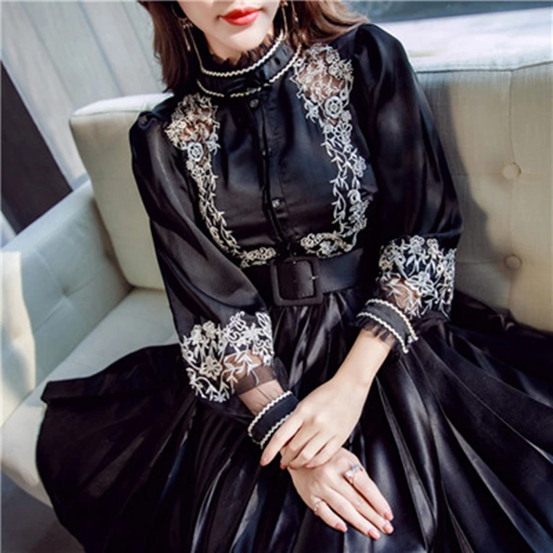 Vintage Dámske Elegantné 2017 Jeseň Čierna Výšivka Skladaný jednodielne Šaty Office Žien Vintage Svietidla Rukáv Šaty