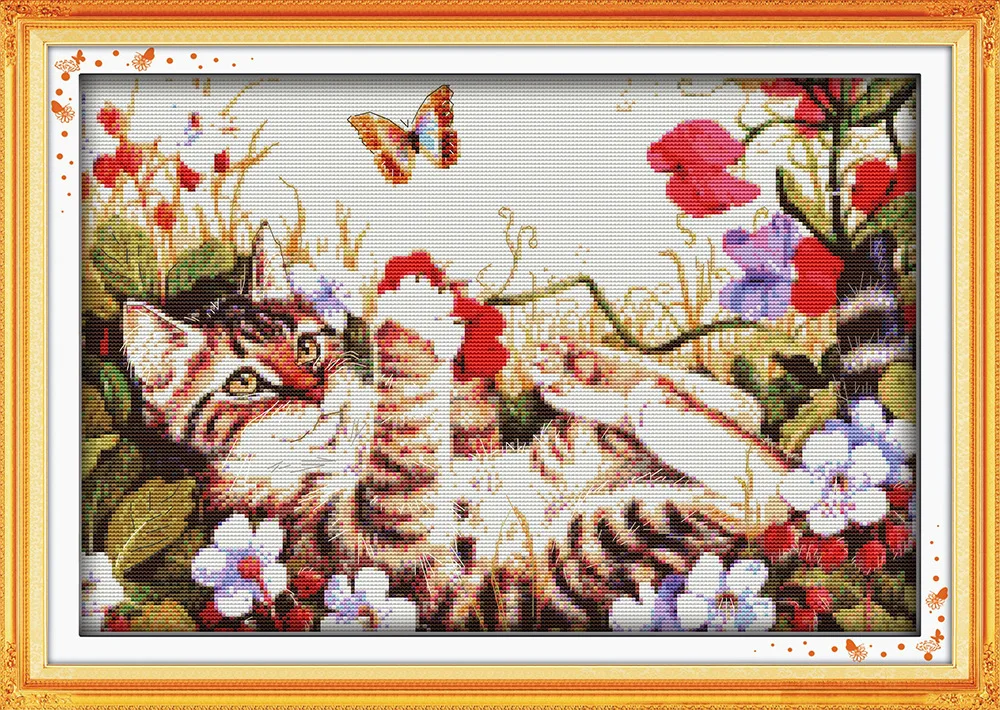 Voľný čas mačka v kvetov Vytlačené Plátno DMC Počíta Cross Stitch Súpravy vytlačené Cross-stitch nastaviť Výšivky, Výšivky