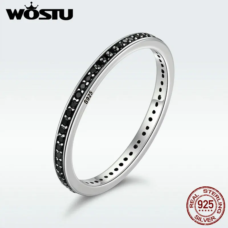 WOSTU Autentické 925 Sterling Silver Prst Stohovateľné Krúžky S Black CZ Pre Ženy Módne Šperky Jemné Darček DXR114