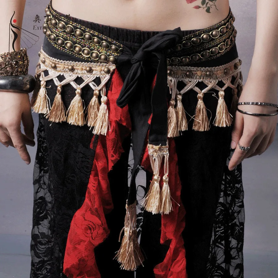 Červenej Krajky Tribal Belly Dance Oblečenie Plus Veľkosť 3-dielny Kostým Nastaviť Ženy Plodín, Topy, Hip Šatku Strapec a Tribal Nohavice Ženy