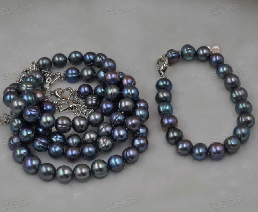 10 mm skutočné sladkovodných kultivovaných black pearl náhrdelník & náramok Nastaviť