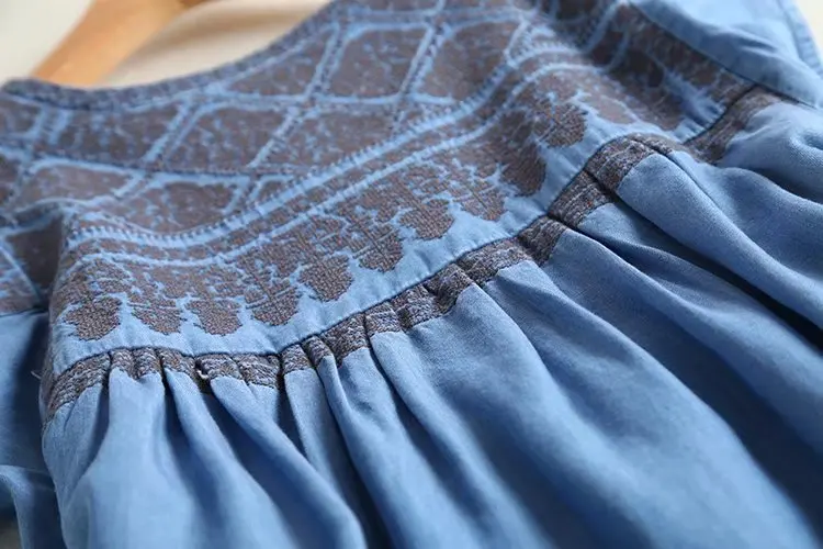 2018 Nové Letné Ženy Šaty Vintage Výšivky Mäkké Džínsové Šaty O-Nekc Krátky Rukáv Modré Šaty Žena Vestidos Bežné Kawaii