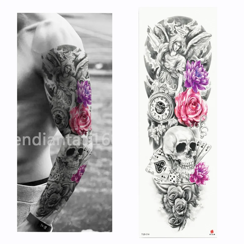 2018 Nové Plný Kvet Arm Tattoo Nálepky Kostry a Ruže Dočasné Telo Farba Vody Prenos Tattoo Rukáv