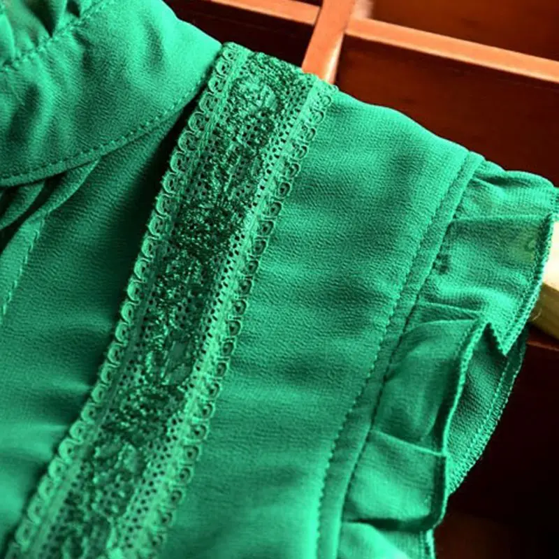 2018 Ženy Prehrabať Stojan Golier Slim T-Shirt Topy Lady Bežné Čipky Dámske Tričko bez Rukávov Tee Zelená/Biela šifón