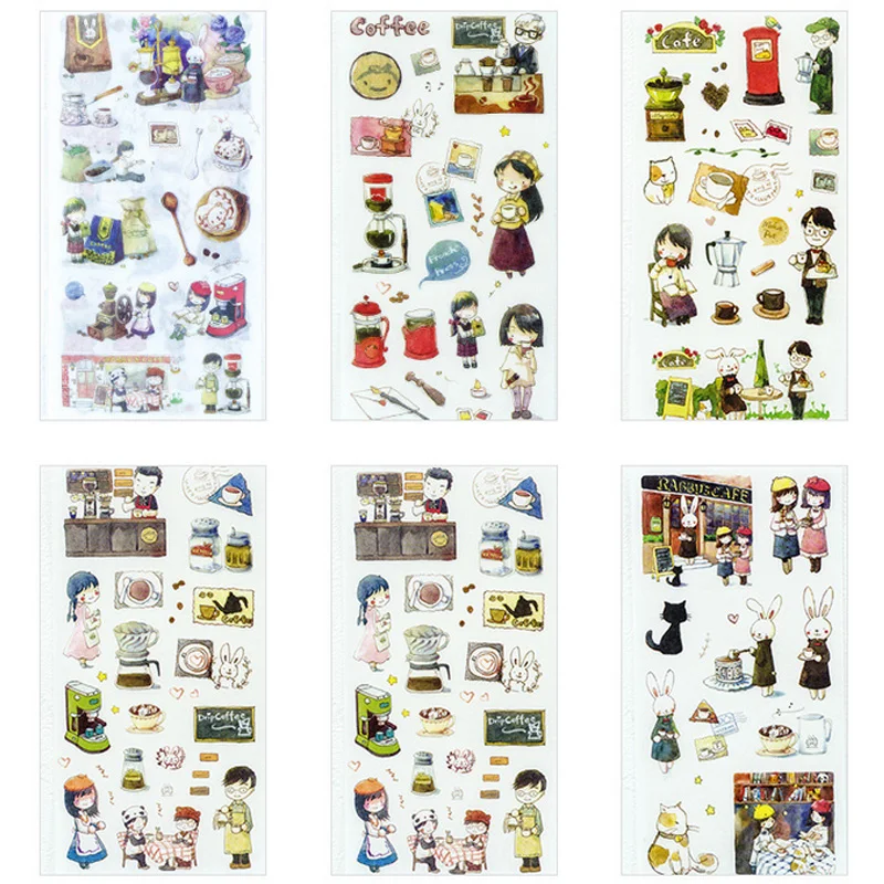 6 ks/veľa Roztomilý Kávy čas papierové nálepky package DIY denník dekorácie-nálepky album scrapbooking