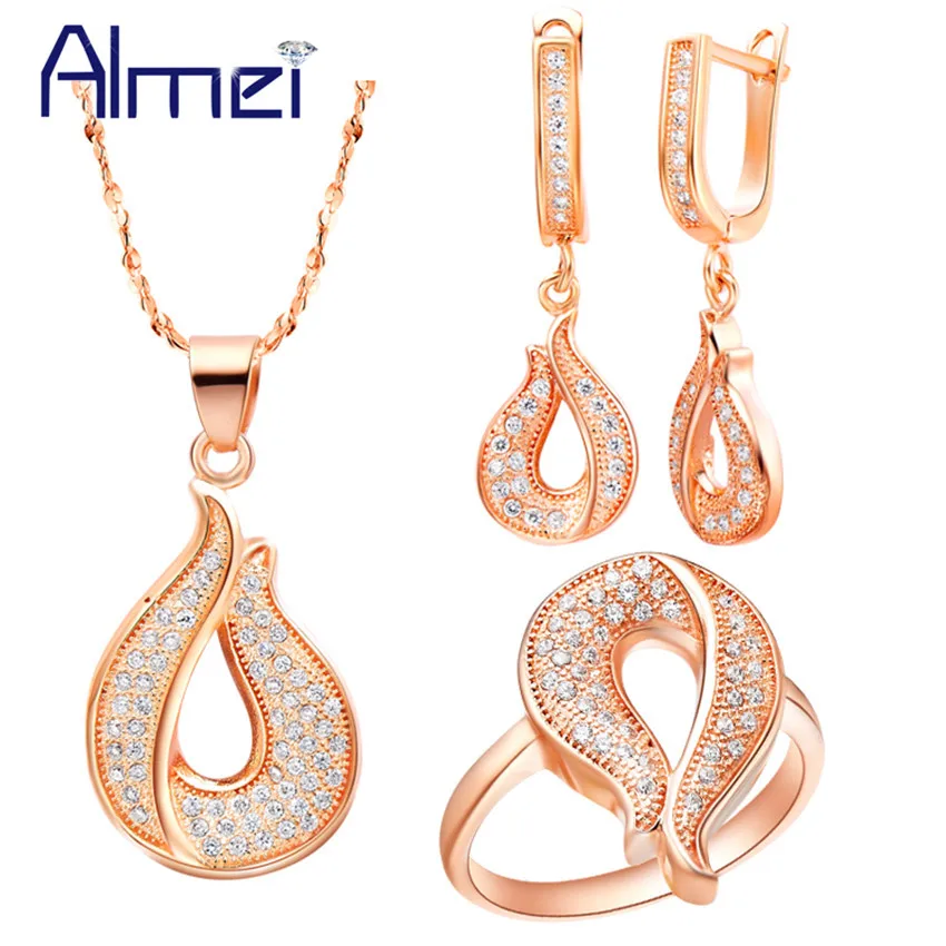 Almei Dubaj Rose Gold Color Crystal Šperky Dámske Šperky Sady pre Ženy, Svadobné Svadobné Krúžok Dlhé Náušnice Neacklace Nastaviť T110