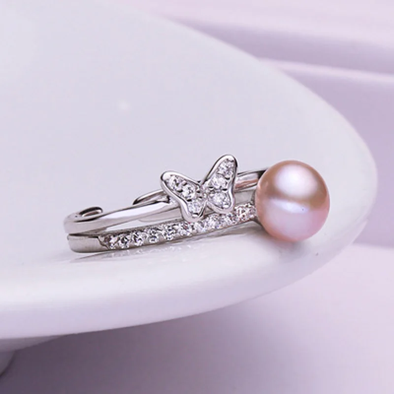 ASHIQI 925 Sterling Silver Prsteň Motýľ Prírodné sladkovodné perly Krúžok pre Ženy, Otvorené Prst Svadobné šperky, Zásnubné