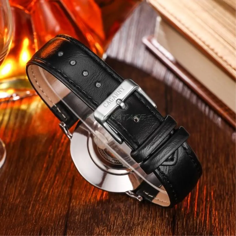 CAGARNY Luxusné Hodinky Mužov Kožený Remienok Náramok Strieborný Ultra Tenké Quartz Hodinky Vysokej Kvality Muž Darček Business Náramkové hodinky