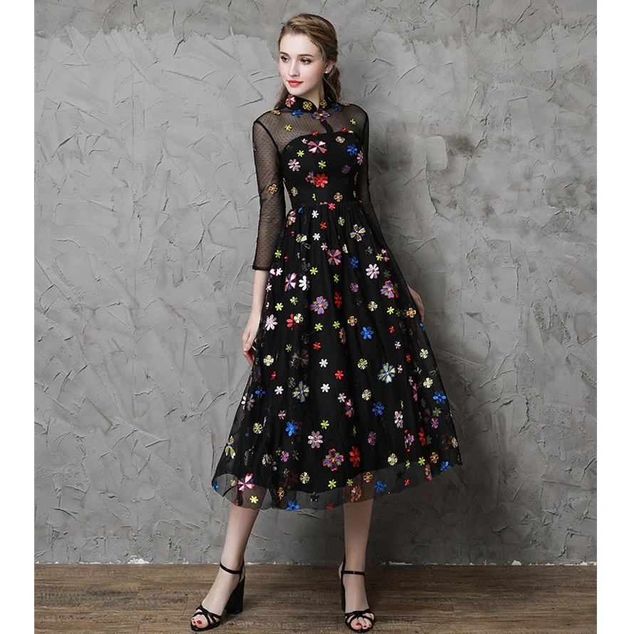 CEEWHY Kvetinové Výšivky Formálne Prom Šaty Čierne Večerné Šaty Čaj dĺžka Abiye Vestido de Noche Vintage Večerné Šaty