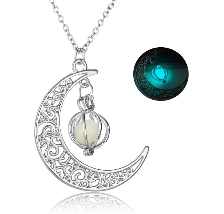 Crescent Moon Svietiť V Tme Náhrdelníky Tekvica Žiariaci Kameň Svietiace Náhrdelníky Vintage Striebro Fluorescenčné Šperky, Darčeky