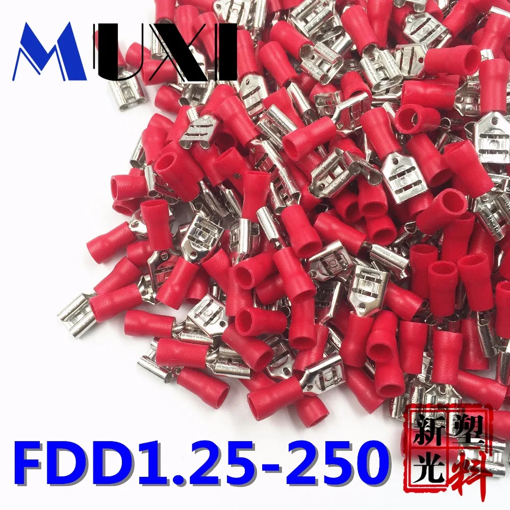 FDD1.25-250 Žena Izolované Elektrické Krimpovacie Terminál na 0.5-1.5mm2 Konektory, Kábel, Vodič 100KS/Bal Red