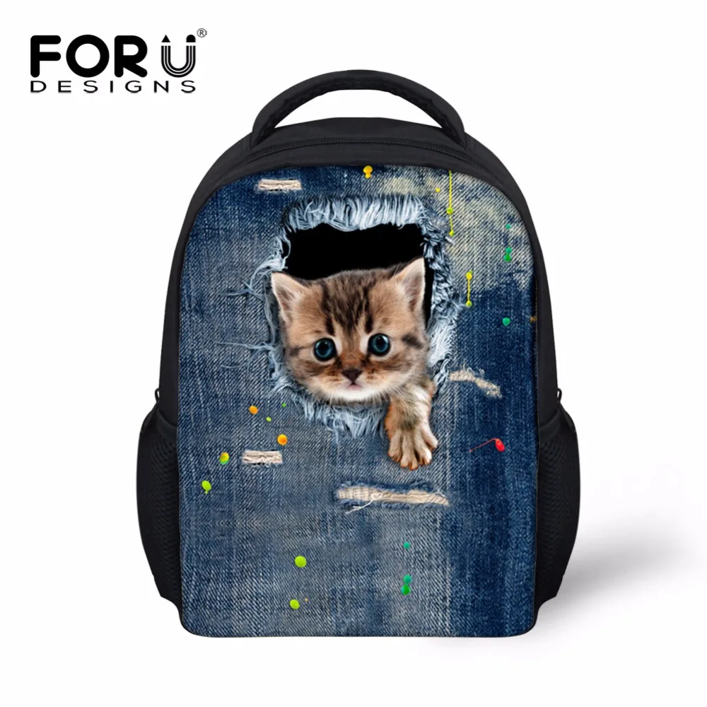 FORUDESIGNS Mini Detí, Školské tašky 3D Mačka Zvierat Denim Plátno Aktovka Pre Deti Mš Knihy Batoh Mochilas Infantil