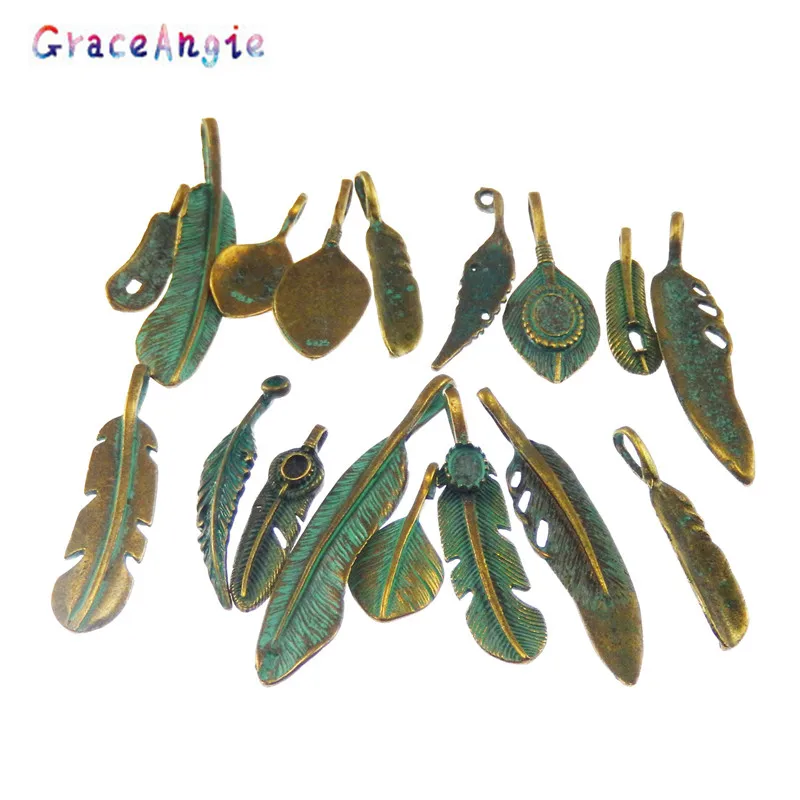 GraceAngie 14pcs Antické Bronzové Charms Simulované Zelené Listy Prívesky Pozastavenie Náramky, Náhrdelník Príslušenstvo Zmiešané Tvar