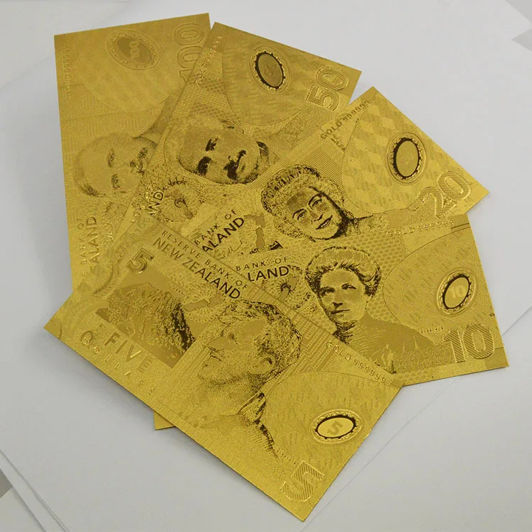 (Jeden žreb je 5 ks) Normálne Zlato, Bankovky 5 Modelov novozélandský Dolár Úplné Normálne Zlatej Fólie Bankoviek NASTAVIŤ 5 10 20 50 100