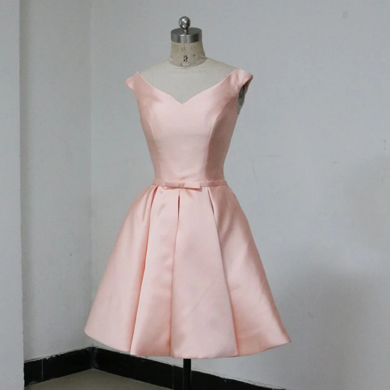 Jednoduché satin A-line bez rukávov V krku ružový krátke 8 stupeň štúdia šaty lacné pod $60USD