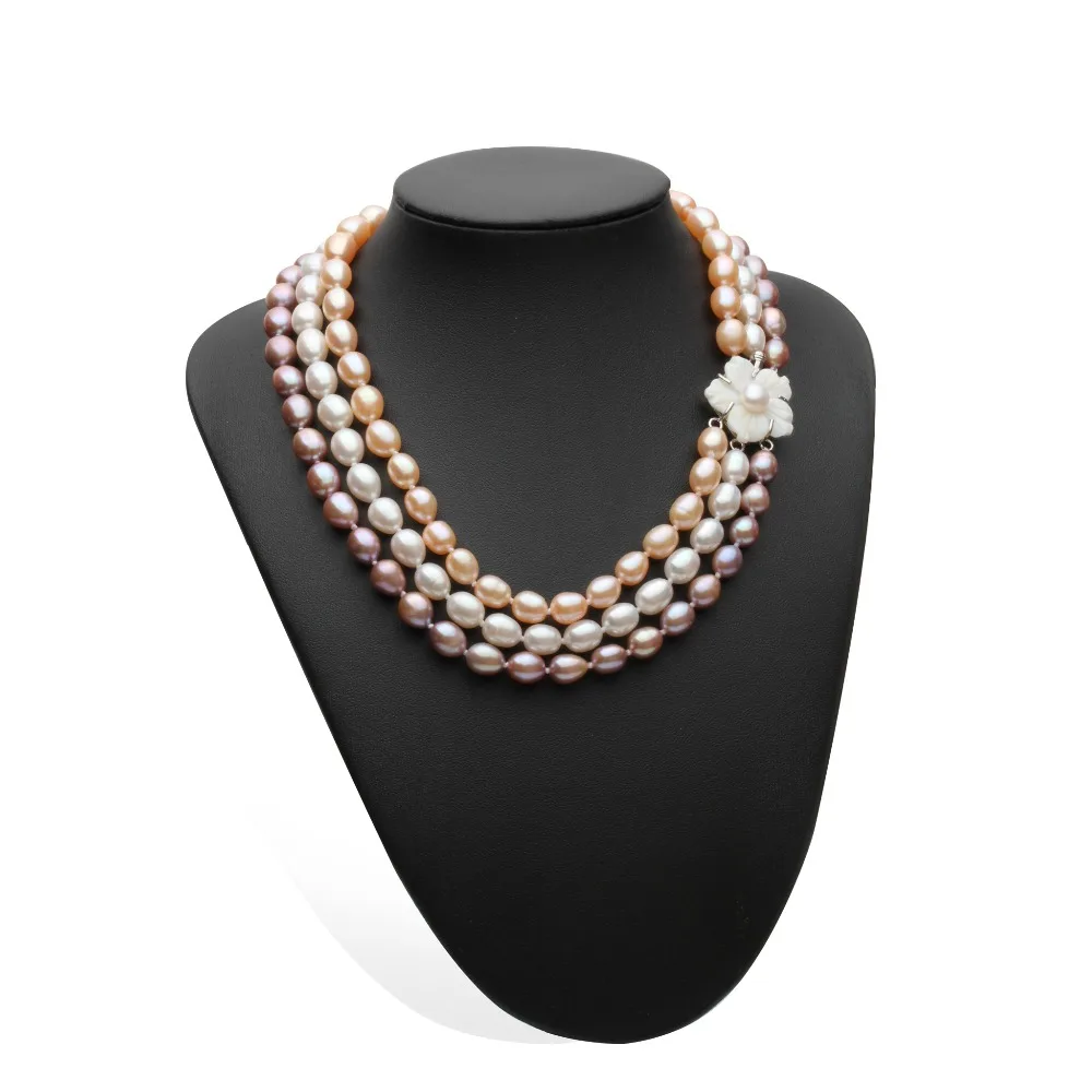 Luxusný štýl AAA Sladkovodné Tri Riadky Perlový Náhrdelník Reálne Ryža Perlový náhrdelník Náramok Nastaviť Svadobné Šperky Jemné Šperky