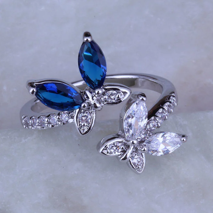 Láska Monológ Estetické Blue & White Crystal Motýľ 925 Pečiatka Strieborné Farebné Krúžky J0278 Zadarmo Šperky Taška