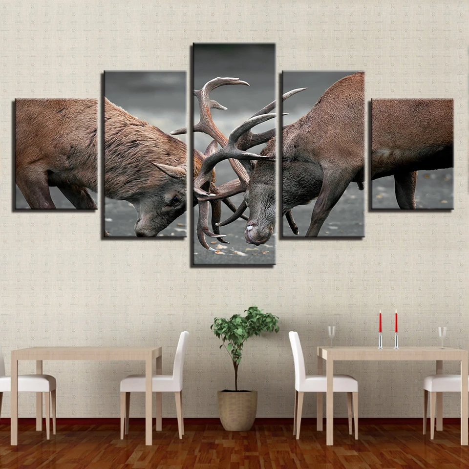Moderné Plátno na Maľovanie na Stenu Umenie Obrázky 5 Kusov Zvierat Jeleň Boj Domáce Dekorácie Obývacia Izba Modulárny HD Vytlačený Plagát